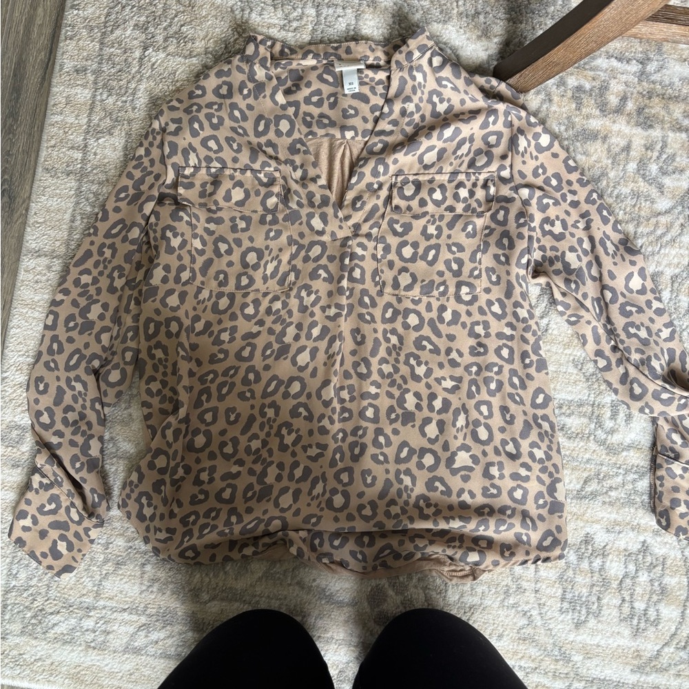 A New Day Brown Cream Long Sleeve Polo Blouse